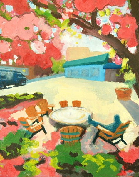 Colorful painting of a garden scene with flowers, chairs, and a table.