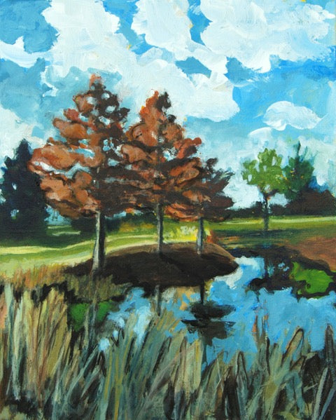Painting of a landscape with trees, grass, and a blue sky reflected in a serene pond.