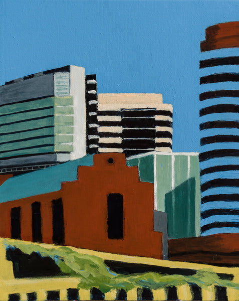 University Buildings, acrylic on canvas panel painting by Cerulean Arts Collective Member Pia De Girolamo.