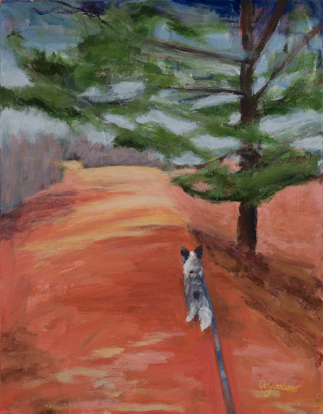 Walking the Dog, Autumn, acrylic on canvas painting by Cerulean Arts Collective Member Pia De Girolamo.