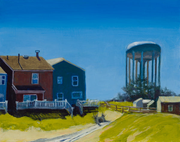 Water Tower in Horsham, acrylic on canvas panel painting by Cerulean Arts Collective Member Pia De Girolamo.