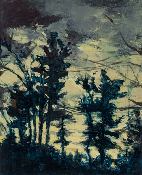 White Pines at Dusk, acrylic on canvas panel painting by Cerulean Arts Collective Member Pia De Girolamo.