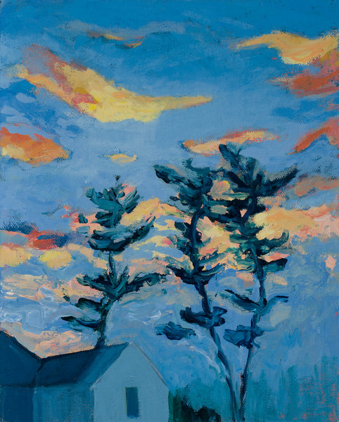 White Pines at Sunset, acrylic on canvas panel painting by Cerulean Arts Collective Member Pia De Girolamo.