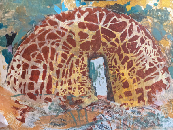 Artistic depiction of a grotto with a textured surface on a colorful background