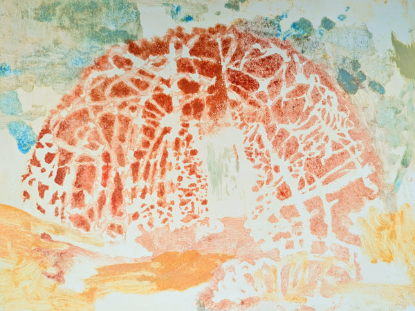 Artistic depiction of a grotto with a textured surface on a colorful background