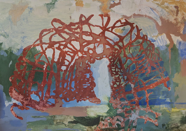 Abstract artwork with red geometric shapes on a multicolored background