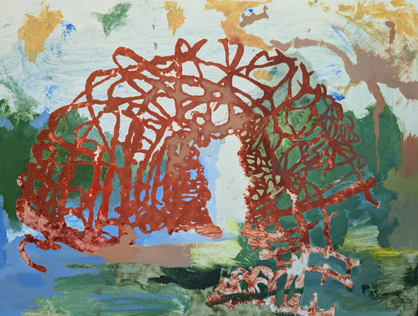 Artistic depiction of a grotto with a textured surface on a colorful background