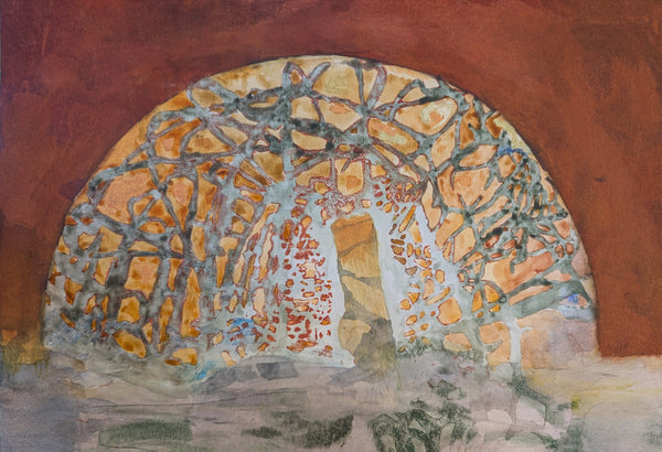 Abstract artwork with a rounded shape against a red background