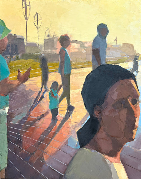 Painting of a group of people on a dock with a cityscape in the background