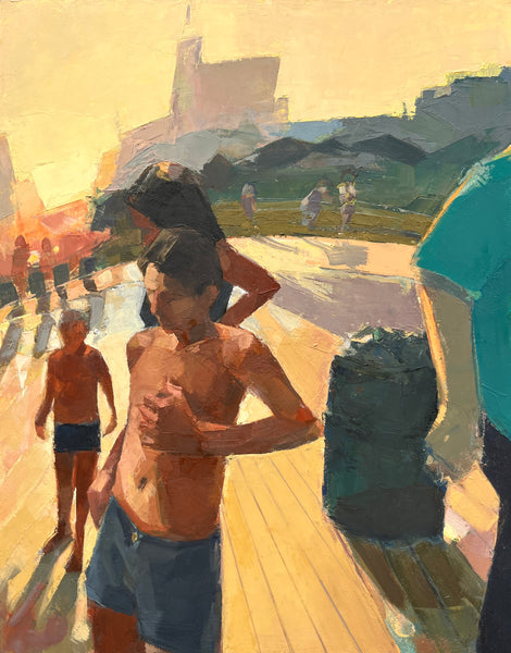 Artistic depiction of people on a beach with buildings in the background