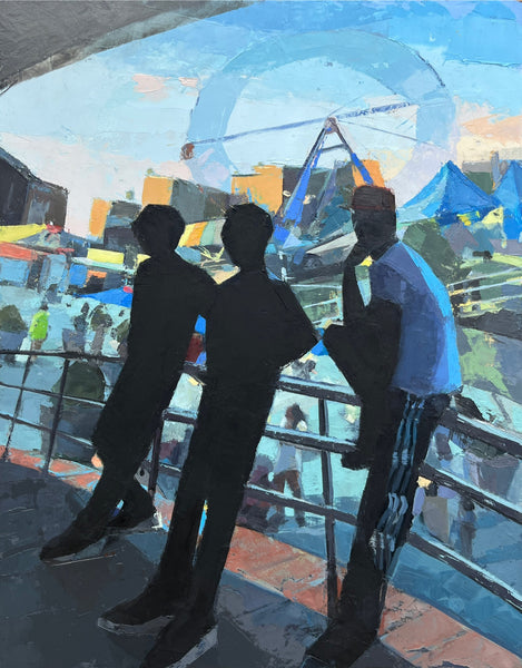 Artistic depiction of three people hanging out at a theme park.