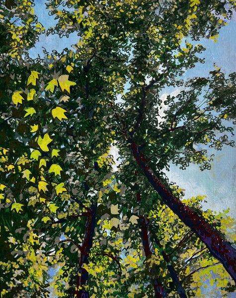 Impressionistic acrylic painting of tall trees with green and yellow leaves against a light blue sky, viewed from below looking upward.