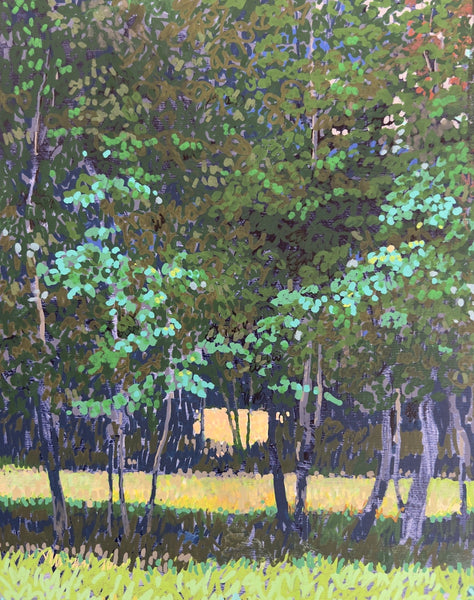 Three Fields, acrylic on wood panel painting by artist Anda Dubinskis.