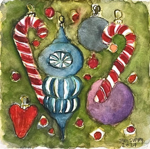 Candy Canes and Heart, watercolor on paper painting by Philadelphia artist Thom Duffy, available at Cerulean Arts.