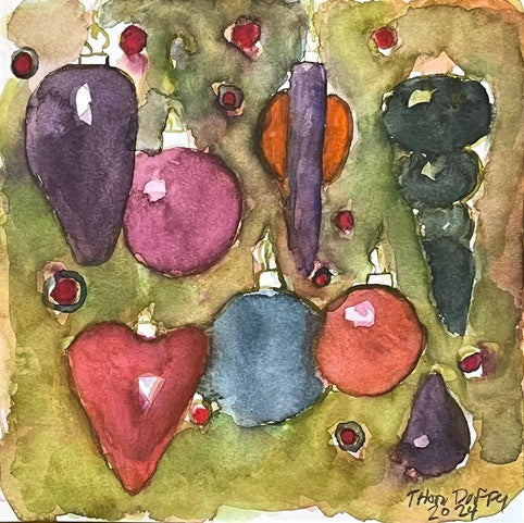 Holiday Ornaments, watercolor on paper painting by Philadelphia artist Thom Duffy,