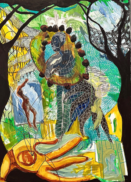 Fate and Destiny, mixed media on canvas painting by Mikel Elam. Included in the exhibition Ripples of Impact curated by Cerulean Arts and on view at the Annenberg Center for Medical Education at Lankenau Medical Center May 8 - July 20, 2025