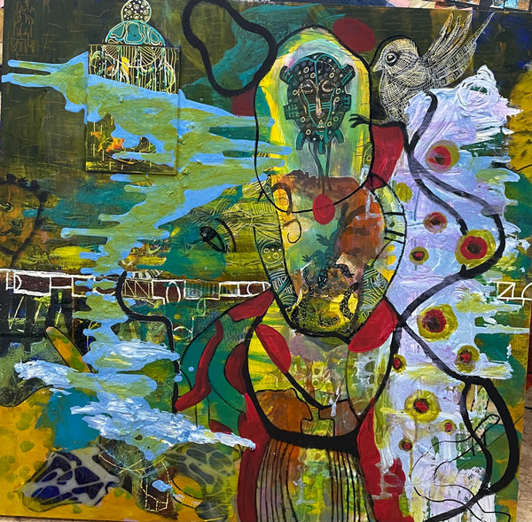 Nubian Ceremonial Vibrations, mixed media on wood panel painting by Philadelphia artist Mikel Elam