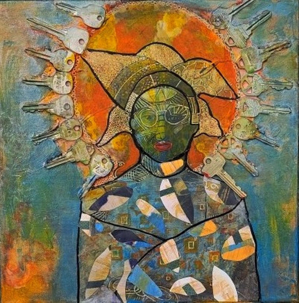 An expressive, multicolored figurative painting of a stylized human figure with a green face, geometric clothing, and a large orange halo-like circular form behind the head, surrounded by small bird-like shapes on a blue and teal textured background.