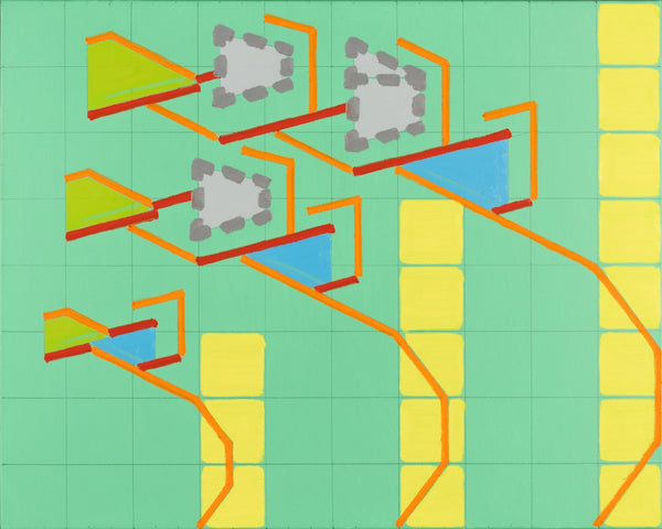 An abstract geometric artwork featuring yellow grid blocks, gray rectangular outlines, green and blue shapes, and orange lines on a light green background.