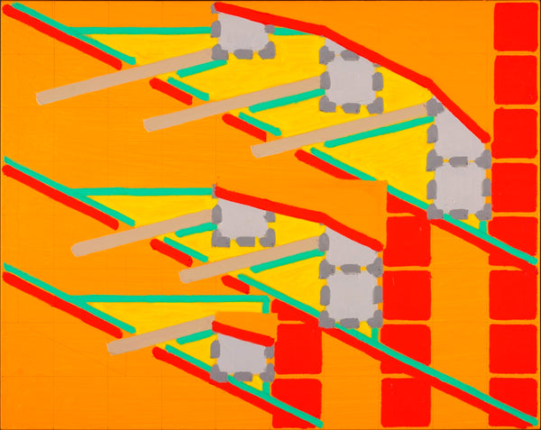 An abstract geometric artwork featuring diagonal red and teal lines, gray rectangular blocks, and a bright orange background with red grid lines.