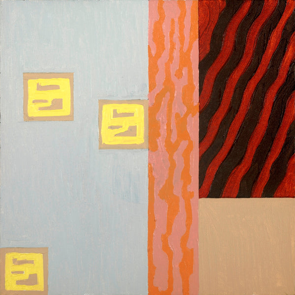 Abstract geometric painting with a light gray left section, two yellow square motifs, a vertical orange-pink textured stripe, a red-and-black wavy striped section, and a beige lower-right block.