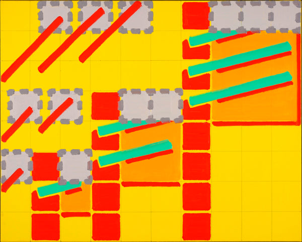 Abstract geometric artwork with a bright yellow grid background, red rectangular blocks, gray dotted outlines, orange shapes, and turquoise diagonal bars.