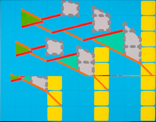 An abstract geometric artwork featuring gray castle-like shapes connected by red and orange lines, green and teal triangles, and yellow rectangular blocks on a light blue grid background.