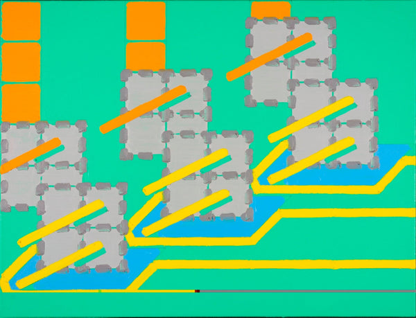An abstract geometric artwork featuring gray rectangular blocks with gray outlines, bright yellow diagonal lines, orange vertical bars, and light blue curved bands on a turquoise background.