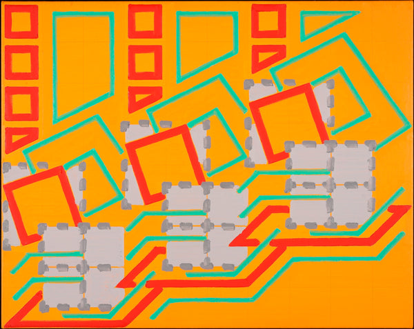 An abstract geometric artwork featuring a bright orange background with layered cyan and red lines, gray blocky shapes, and repeated red square outlines.
