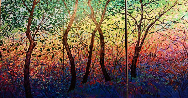 Sapling Quintet Triptych, oil on canvas painting by Cerulean Arts Collective Member Laura Eyring