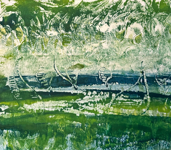Green Woods, encaustic monotype on paper mounted on panel print by Cerulean Arts Collective Member Dora Ficher