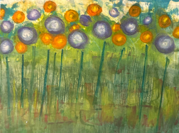 Purple and Orange Poppies, encaustic monotype on paper mounted on panel print by Cerulean Arts Collective Member Dora Ficher