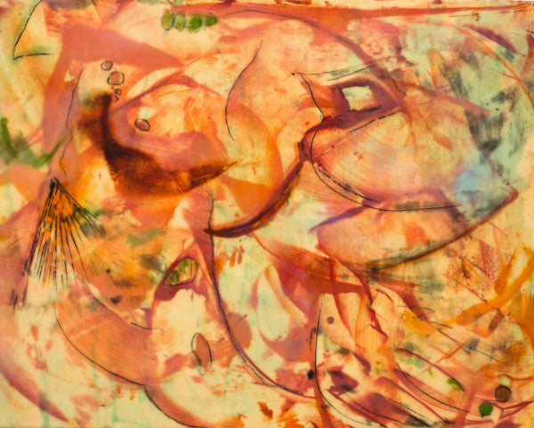 Red and Orange, encaustic monotype print by Cerulean Arts Collective Member Dora Ficher.