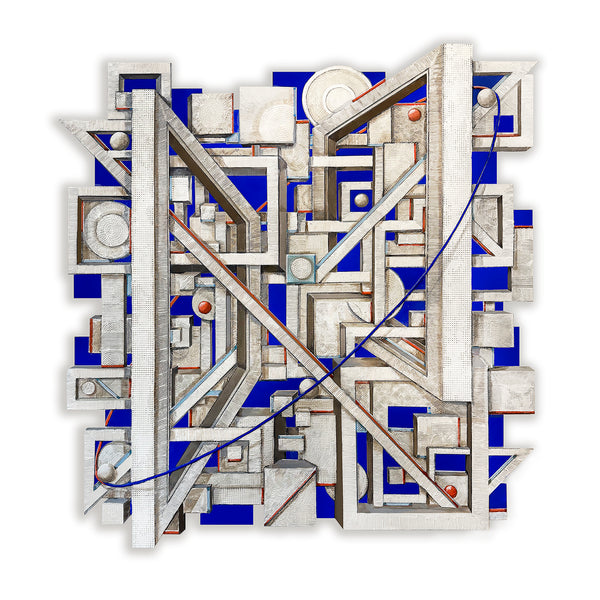 Abstract geometric artwork with blue and white elements on a white background