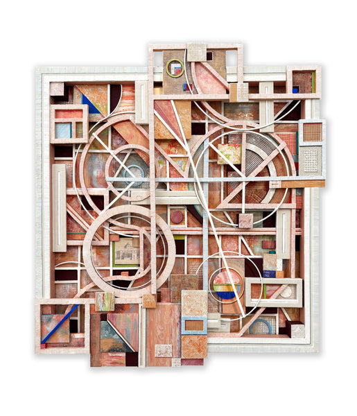 An abstract geometric wall art piece featuring a complex collage of architectural elements, circular forms, and textured panels in warm earthy tones of beige, brown, terracotta, and white, presented on a clean white background.