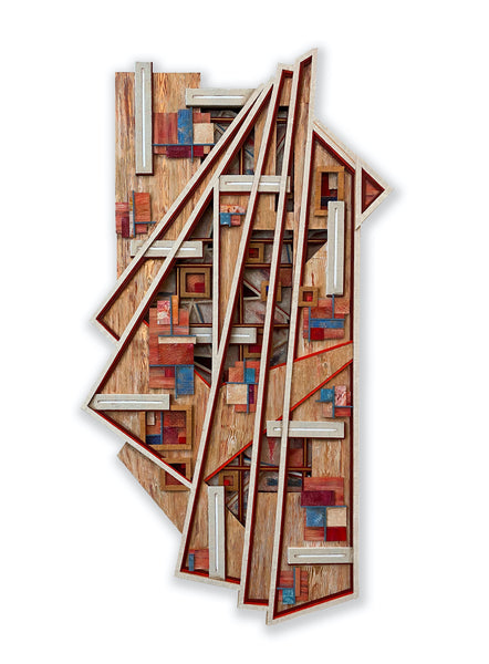 Abstract geometric wall art featuring layered triangular panels with a mosaic of wood, red, blue, and white blocks, shown on a plain white background.