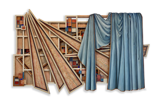 An abstract mixed-media artwork featuring layered wooden slats, geometric frame structures, and draped blue fabric curtains, presented against a clean white background.