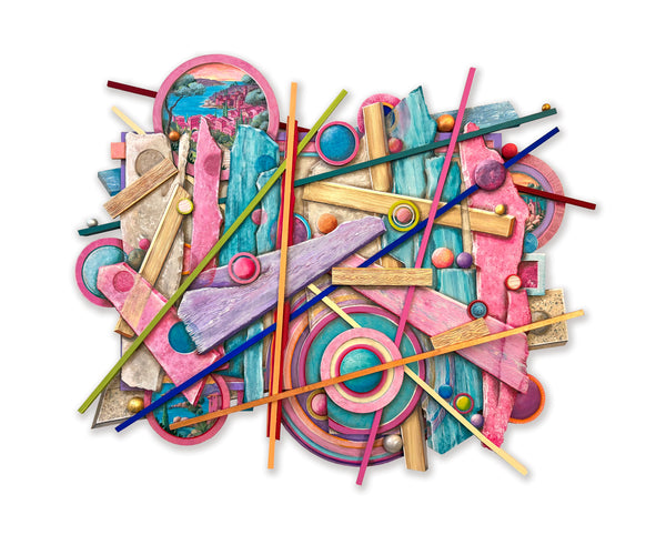 A colorful abstract mixed-media collage artwork featuring layered circles, diagonal lines, wood-textured pieces, and painted elements in pink, blue, teal, purple, yellow, and orange on a white background.