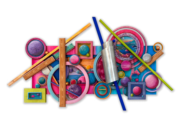 A colorful abstract geometric collage on a white background, featuring overlapping circles, squares, rods, spheres, and decorative elements in pink, blue, purple, yellow, green, orange, and silver.