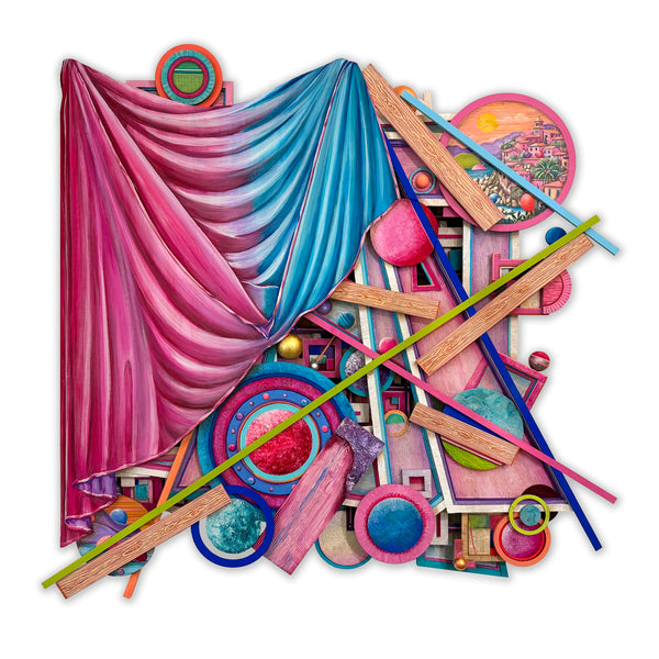 A colorful abstract mixed-media artwork featuring draped pink and blue fabric, layered circles, wooden planks, diagonal lines, and small scenic details on a white background.