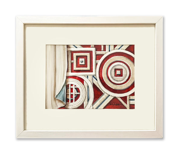 Framed abstract painting featuring geometric patterns in red, cream, and white, presented in a light wood frame with a wide cream mat on a white background.