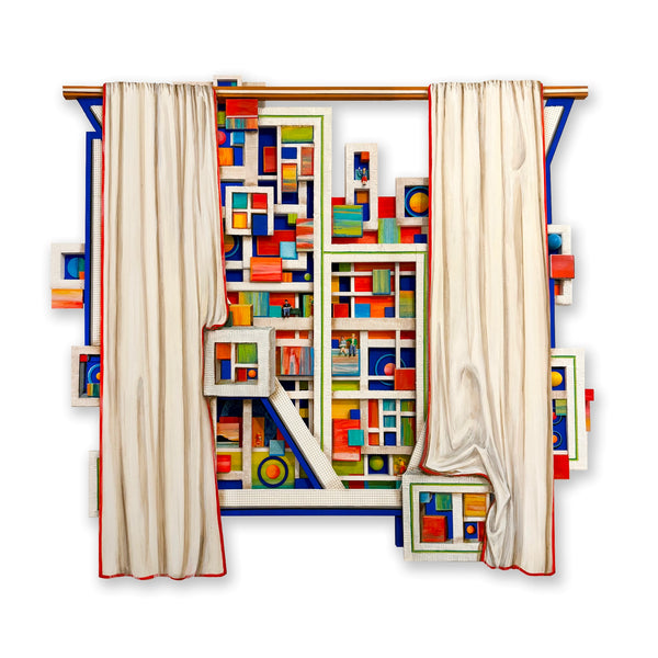 Colorful geometric design with curtains on a white background