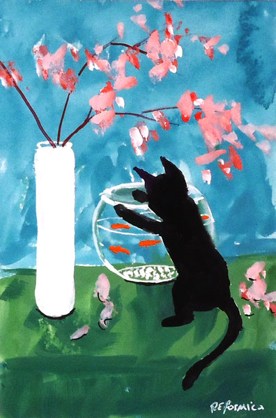 A Cat's World, gouache & ink on paper painting by Cerulean Arts Collective Member Ruth Formica