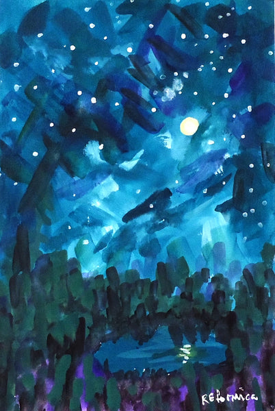 Blue Night, gouache & ink on paper painting by Cerulean Arts Collective Member Ruth Formica