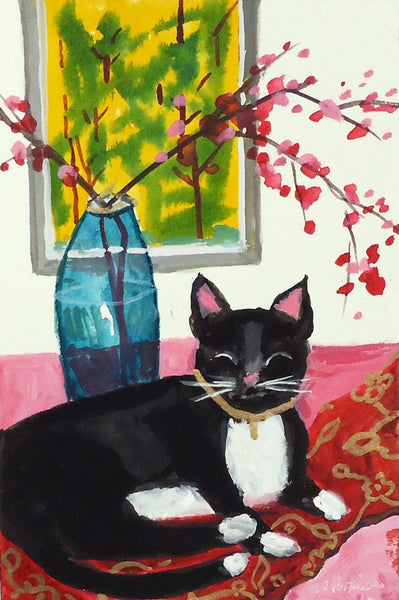 Cat Nappin' - Queenie, gouache & ink on paper painting by Cerulean Arts Collective Member Ruth Formica.
