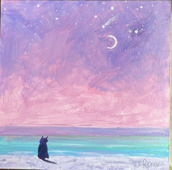 An acrylic painting of a small black cat sitting on a beach shore, looking out over a turquoise ocean under a starry purple and pink sky with a crescent moon.