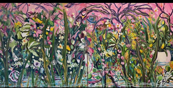 Colorful abstract artwork with floral elements and a pink background
