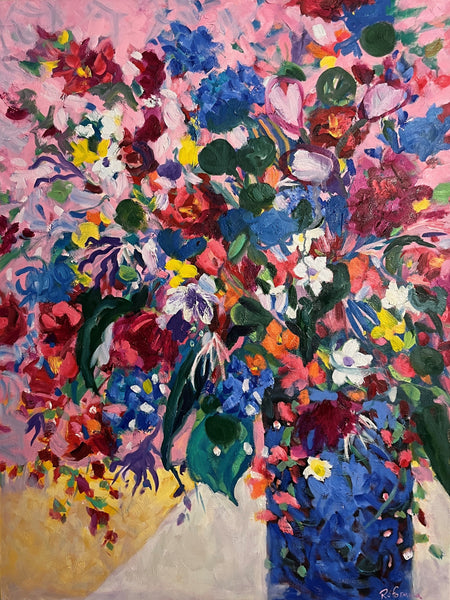 Flowers in a Blue Vase, oil on canvas painting (diptych) by Cerulean Arts Collective Member Ruth Formica