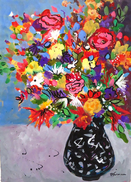 Flowers in Black on Gray, gouache on paper painting by Cerulean Arts Collective Member Ruth Formica
