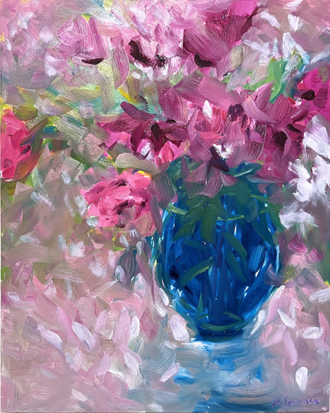 Flowers on a Pink Table, oil on cradled board painting by Cerulean Arts Collective Member Ruth Formica